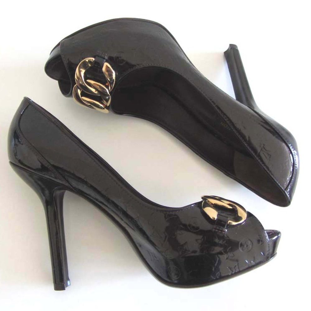 new LOUIS VUITTON Monogram Vernis chain peep toe pumps 8.5 US 38.5 - Picture 6 of 13